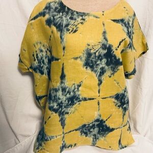 Bellaumbra Size Medium 100%linen Vibrant Yellow and Blue Tie-Dye Women's Top